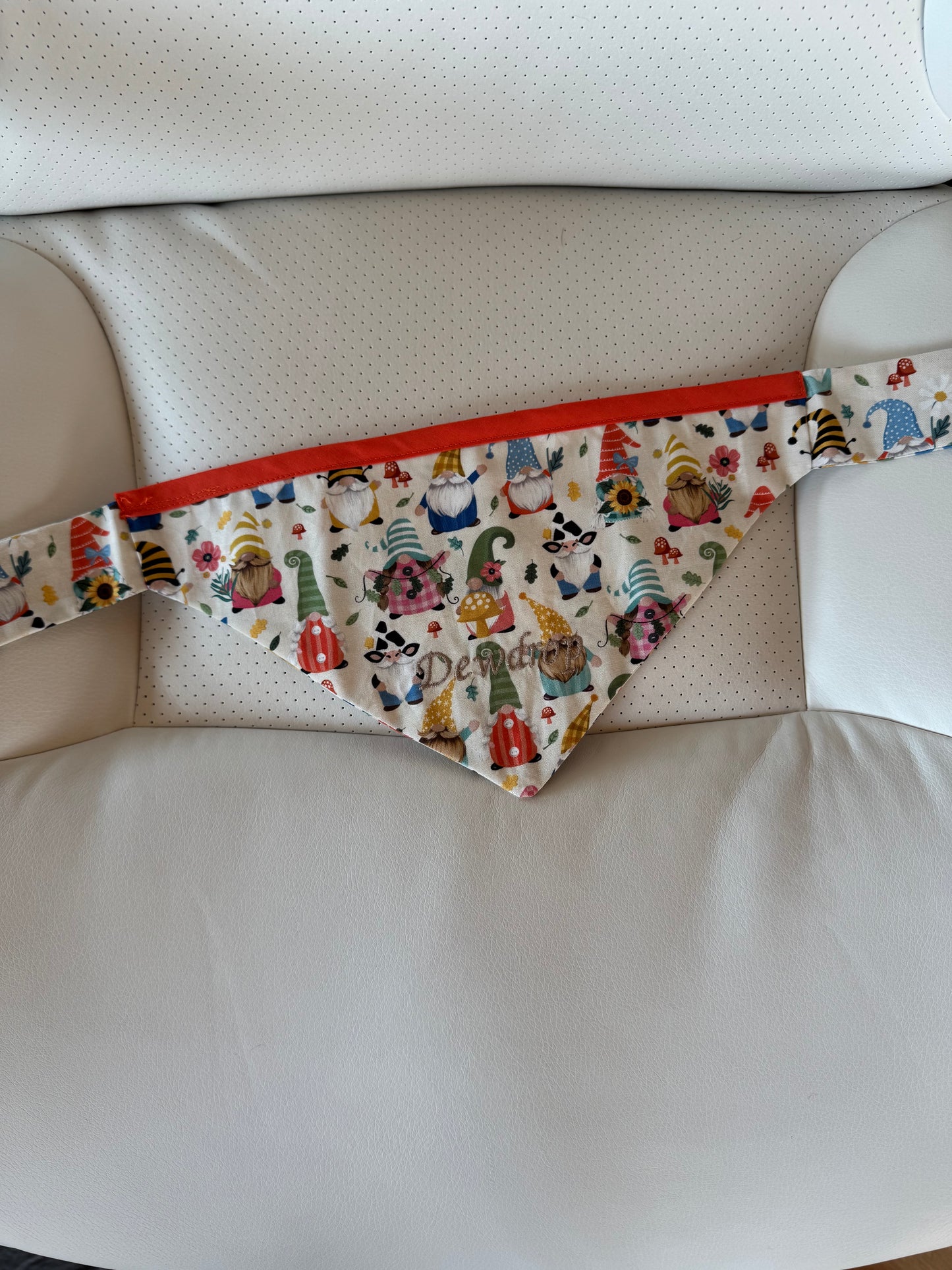 Small Dog Bandana - Gnome Print White Orange - Personalized & Embroidered