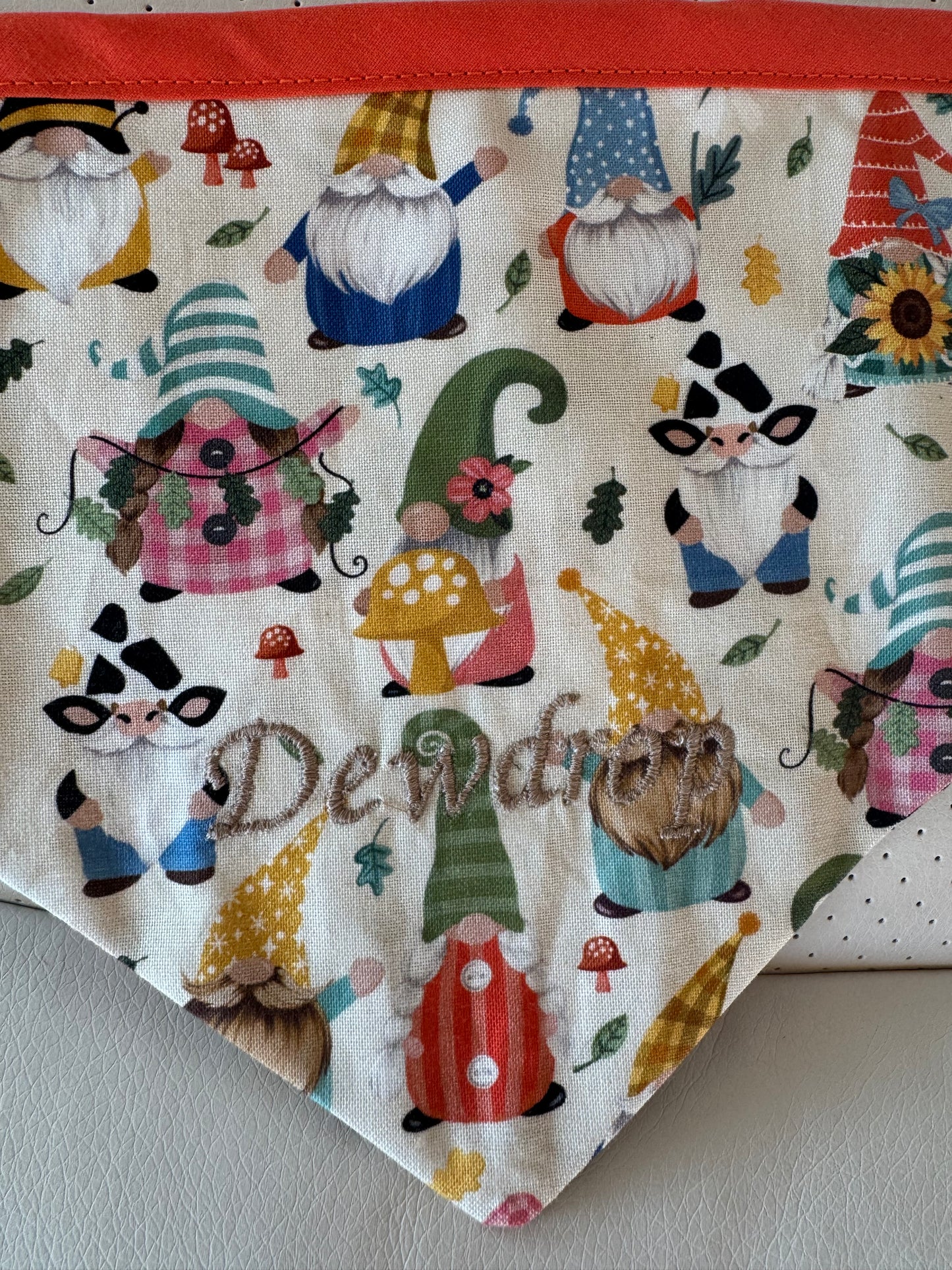 Small Dog Bandana - Gnome Print White Orange - Personalized & Embroidered