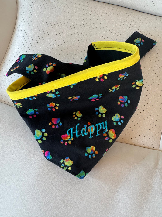Small Dog Bandana - Black Pawprint - Pesronalized & Embroidered